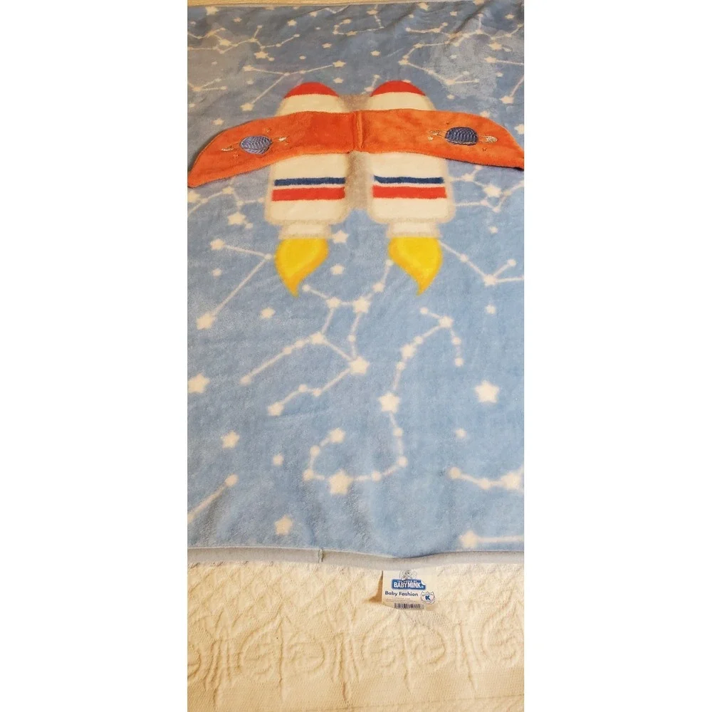 The World of Baby Mink‎ blanket Rocket Ship Blue & Orange - Vintage Excellent